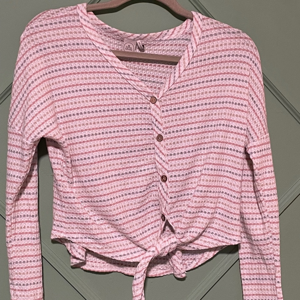 Paper Crane Pastel Stripe Long-Sleeve Waffle Button-Up Tie XS Crop Top